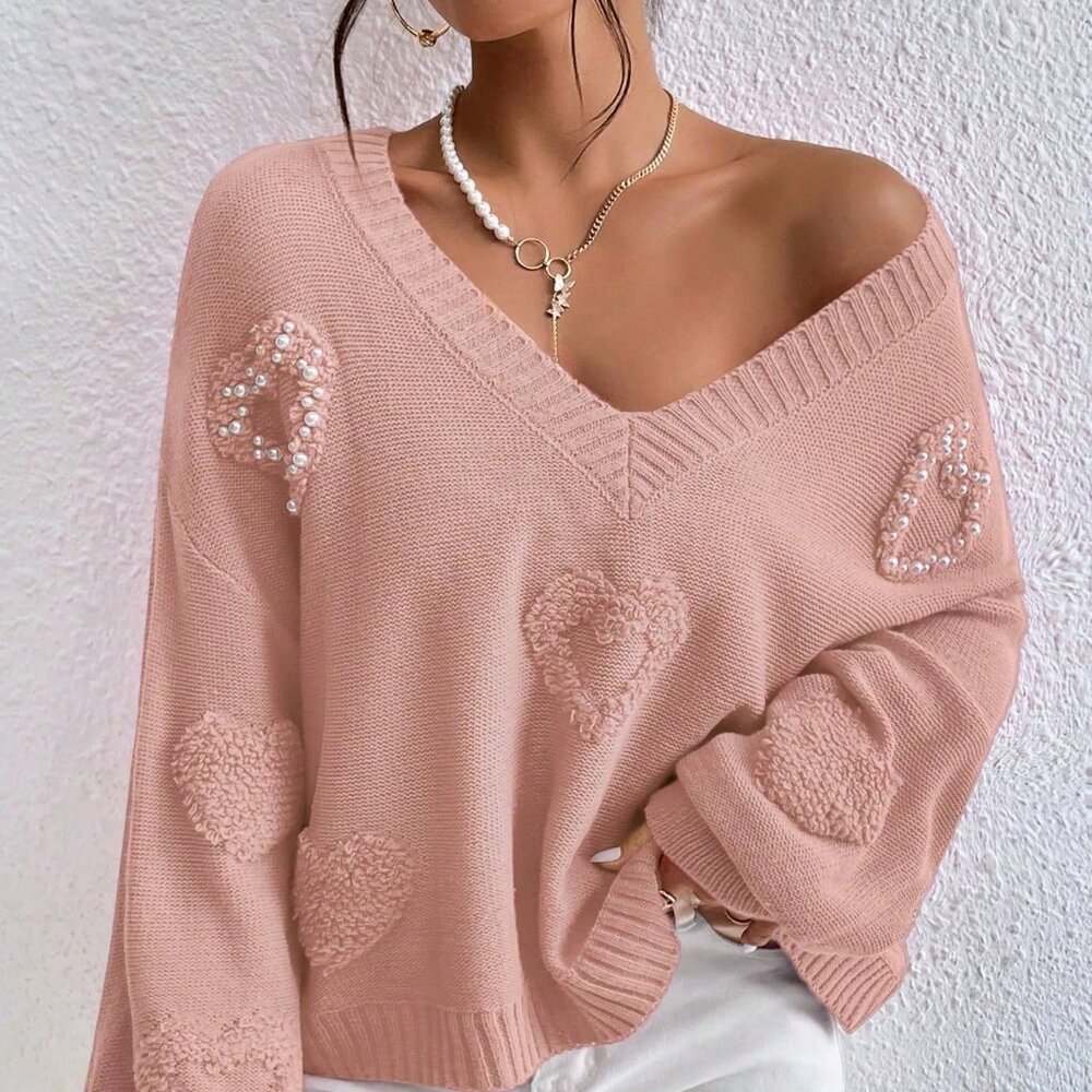 Coral Pink Casual Women's Heart Pattern Drop Shoulder Pearls Beaded Sweater - Picture 6 of 6
